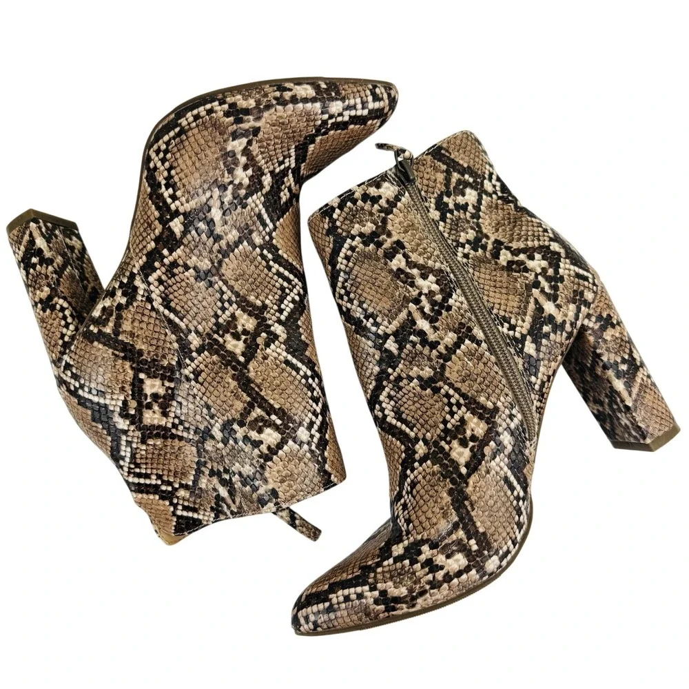 Womens Snakeskin Print Pointed‎ Toe Block Heel Ankle Boots Brown 9